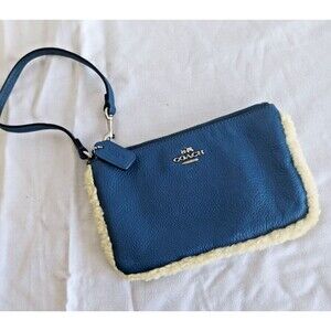 COACH Wristlet Blue SOFT Pebbled Leather with Shearling Trim